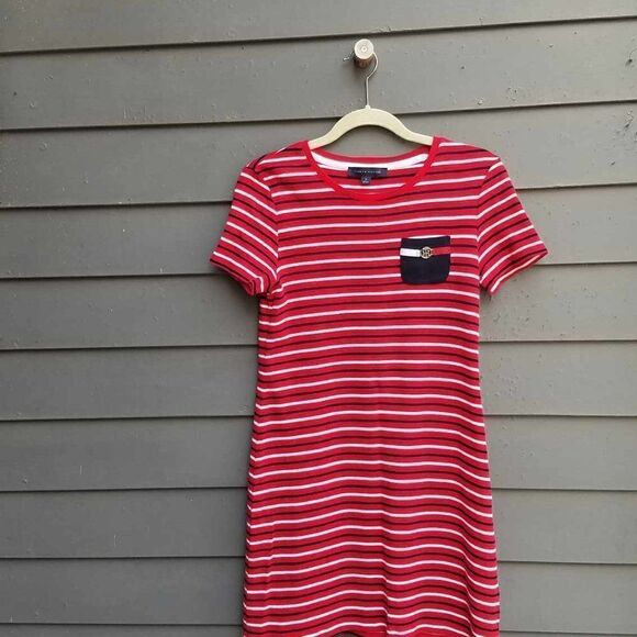 Like New Tommy Hilfiger Red Black white Striped Knit Cotton Dress size Medium - Picture 10 of 10